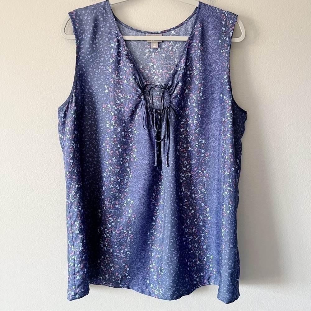 J. Jill 100% Silk Blue Floral Print Sleeveless Blouse Tie Large Petite Whimsical